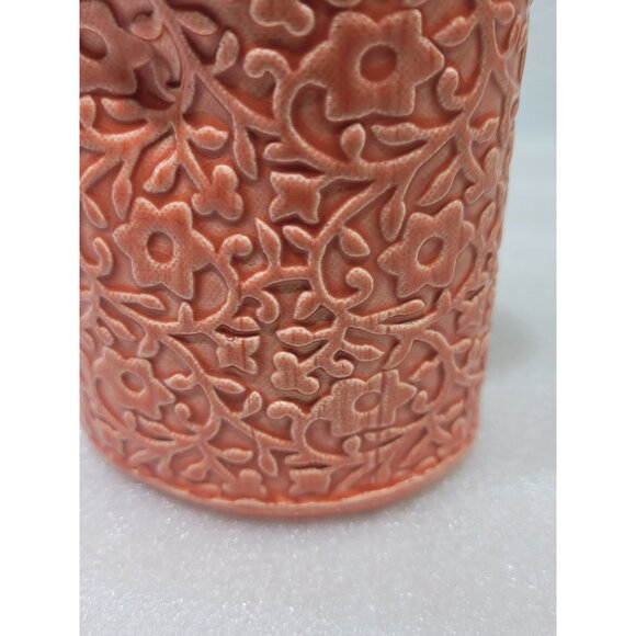 Embossed Orange Tulip Vase Handmade Ceramic Flowers Unique - Picture 7 of 8